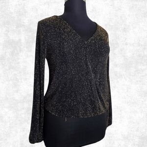 IF BY SEA Black & Gold Glitter Surplice Blouse – Size L (NWT)